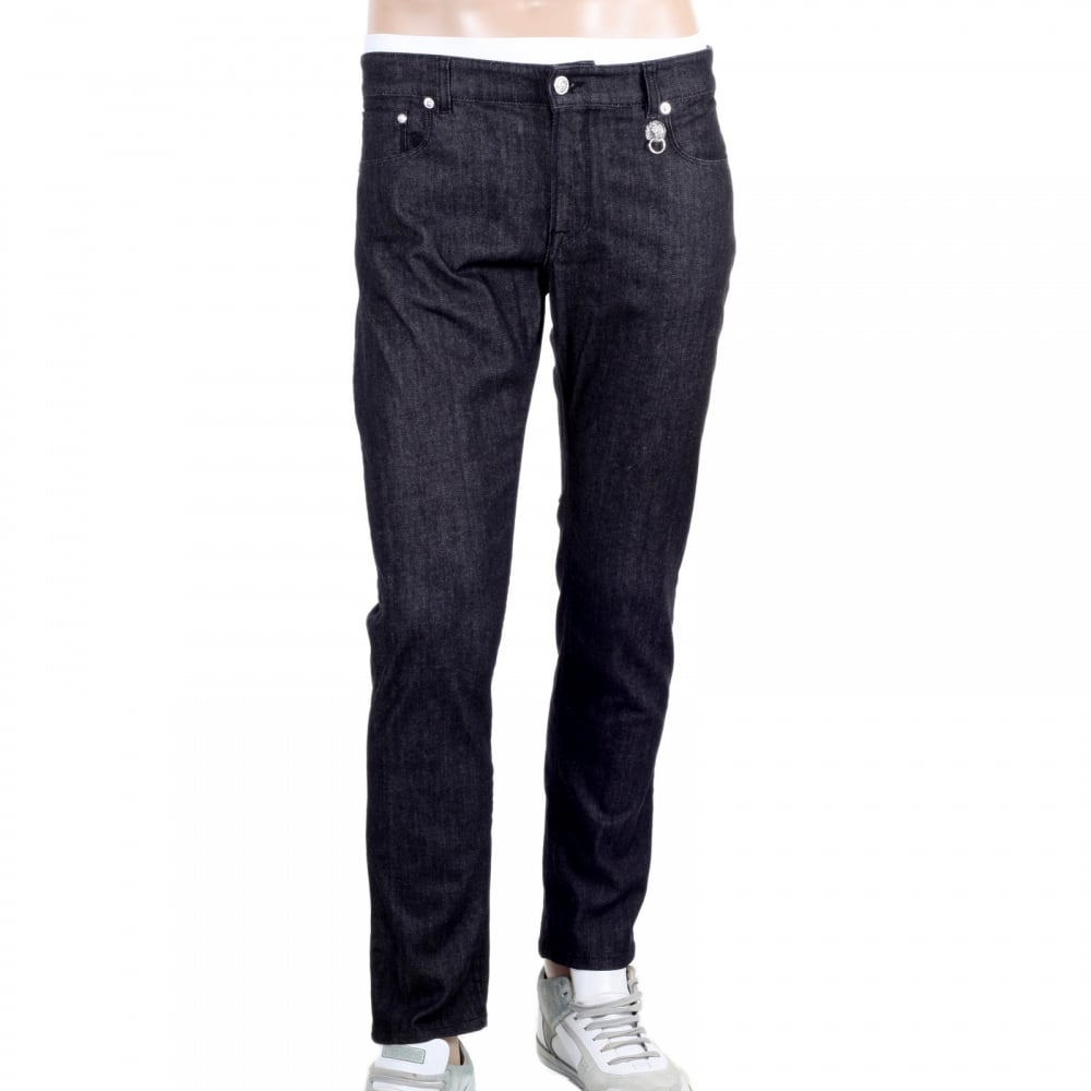 Washed Black Stretch Slim Fit Jeans with Silver Lion Head Rivets and Key Ring