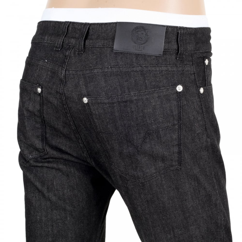 Washed Black Stretch Slim Fit Jeans with Silver Lion Head Rivets and Key Ring