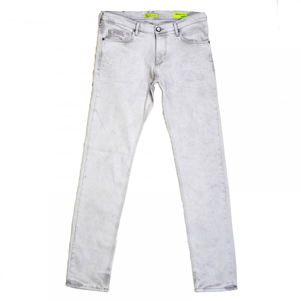 Mens Slim Fit Lower Rise Washed Grey Jeans with Creased Patches at Knees