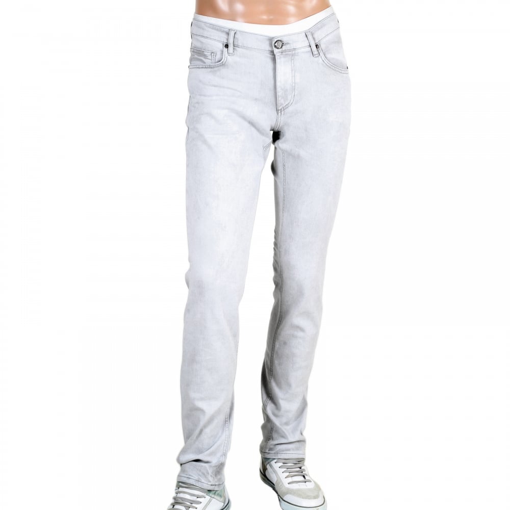 Mens Slim Fit Lower Rise Washed Grey Jeans with Creased Patches at Knees