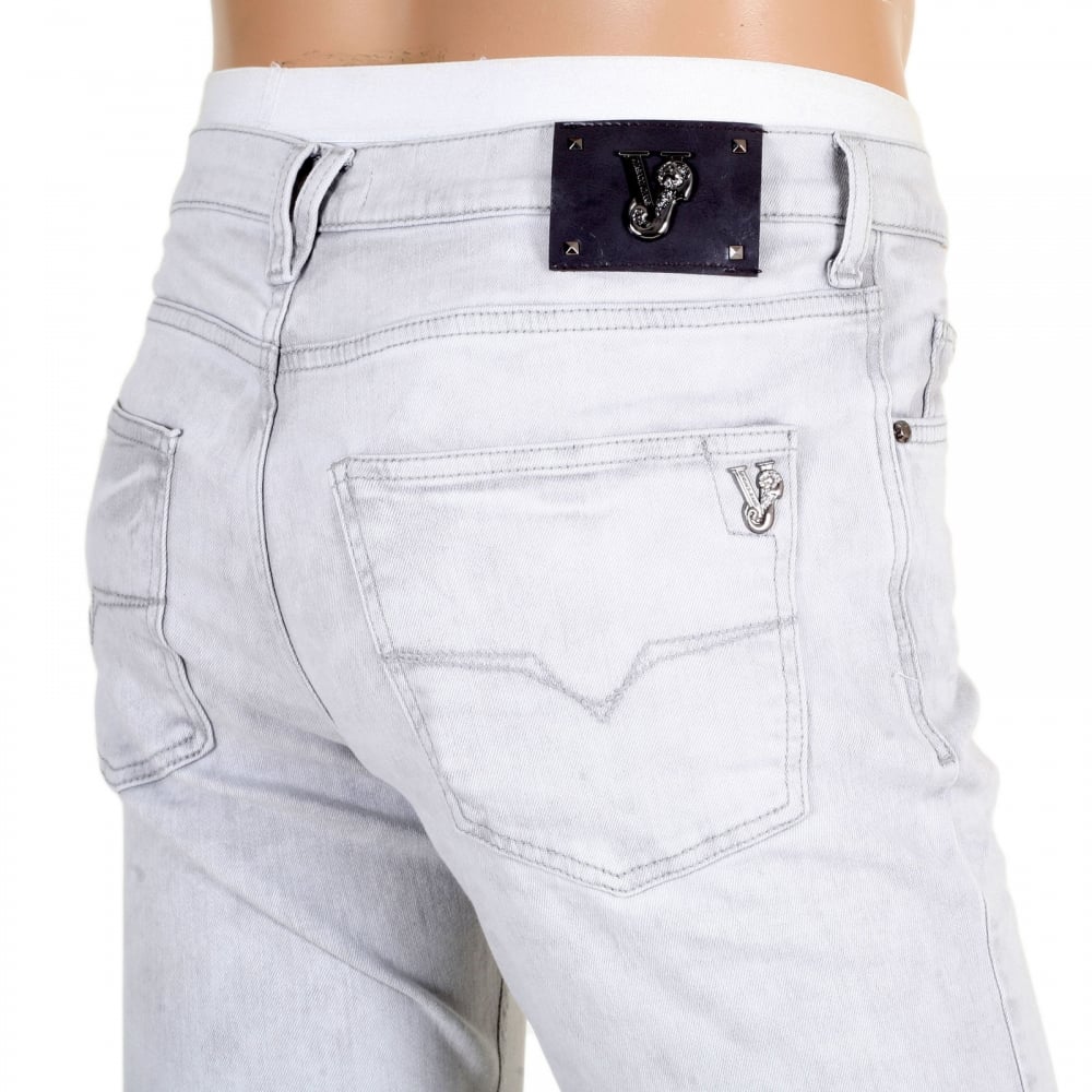 Mens Slim Fit Lower Rise Washed Grey Jeans with Creased Patches at Knees