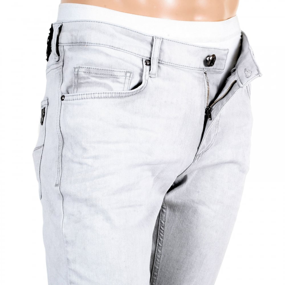 Mens Slim Fit Lower Rise Washed Grey Jeans with Creased Patches at Knees