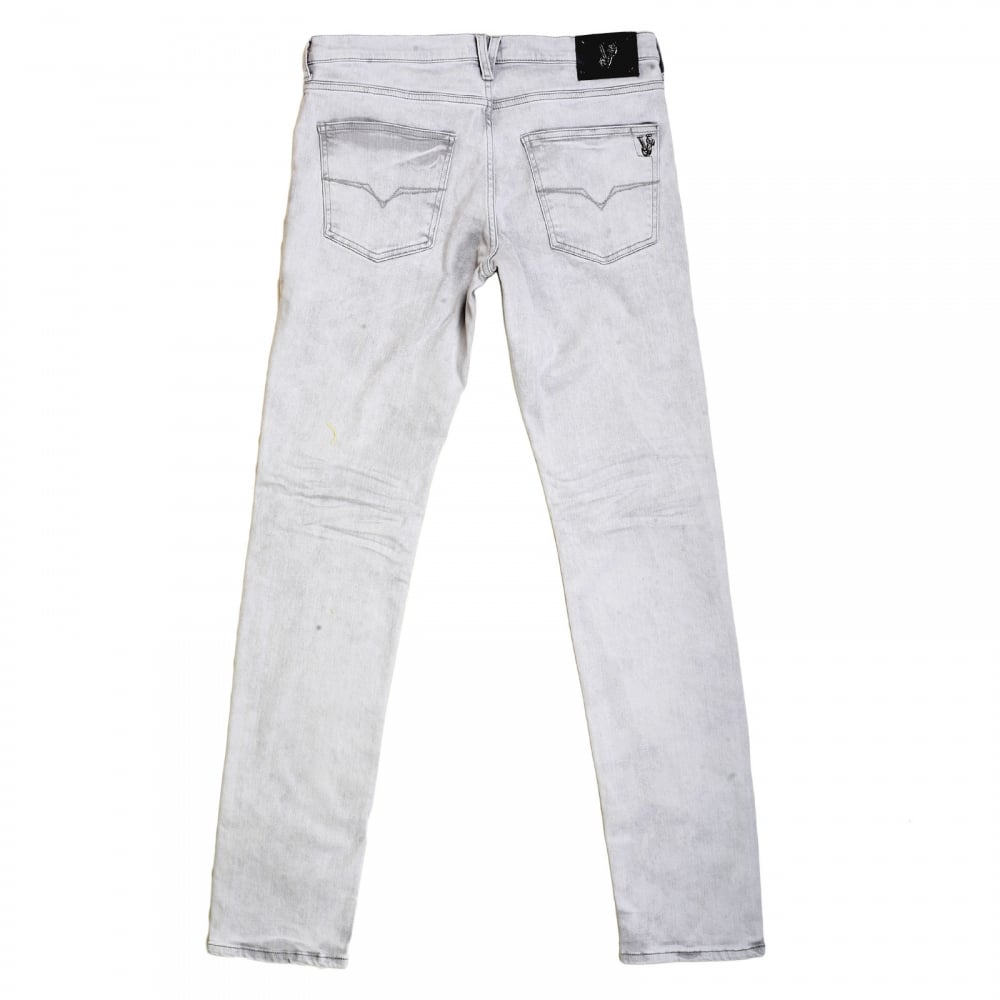 Mens Slim Fit Lower Rise Washed Grey Jeans with Creased Patches at Knees