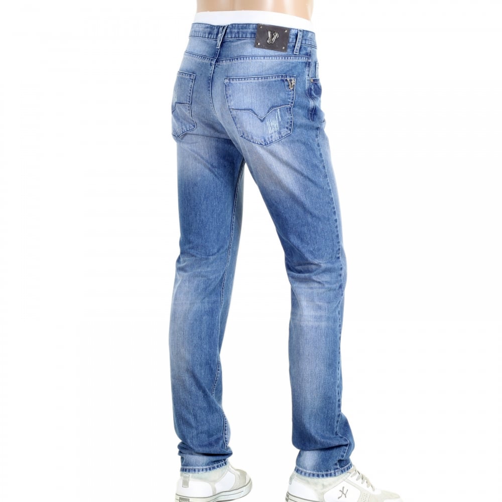 Blue Lower Rise Slim Fit Jeans with Vintage Worn Finish