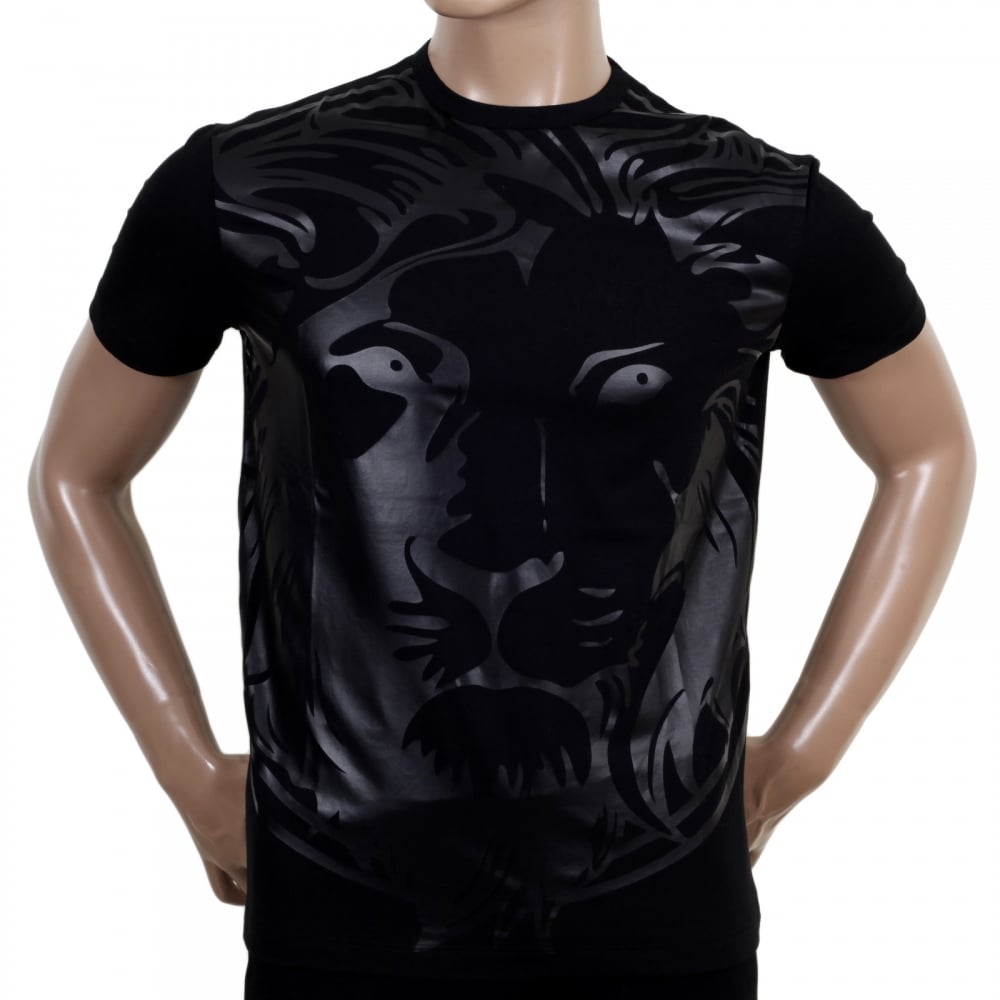 Mens Crew Neck Short Sleeve Lion Head Logo Printed Black T-shirt