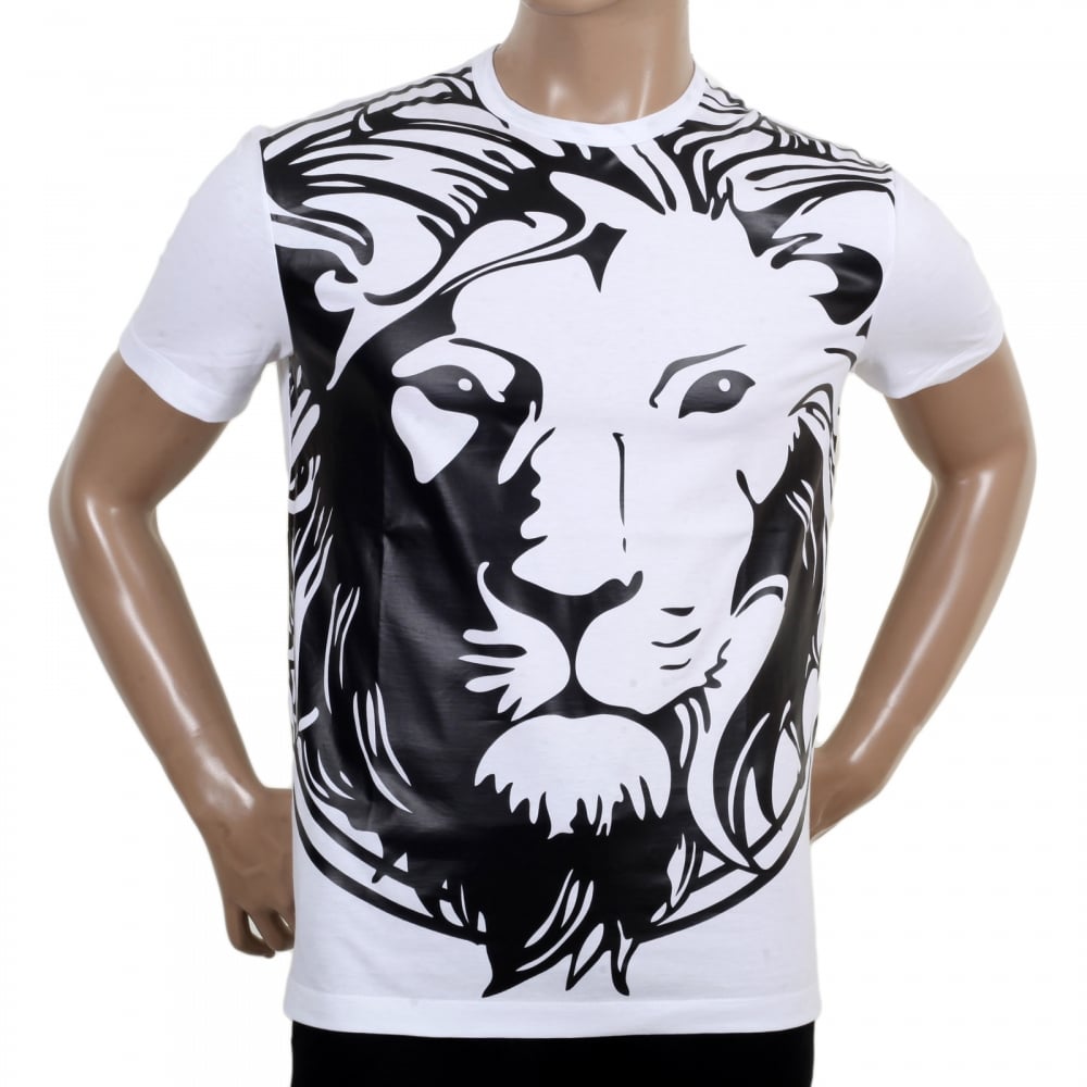 Mens Crew Neck Regular Fit Short Sleeved Lion Head Printed T Shirt in White