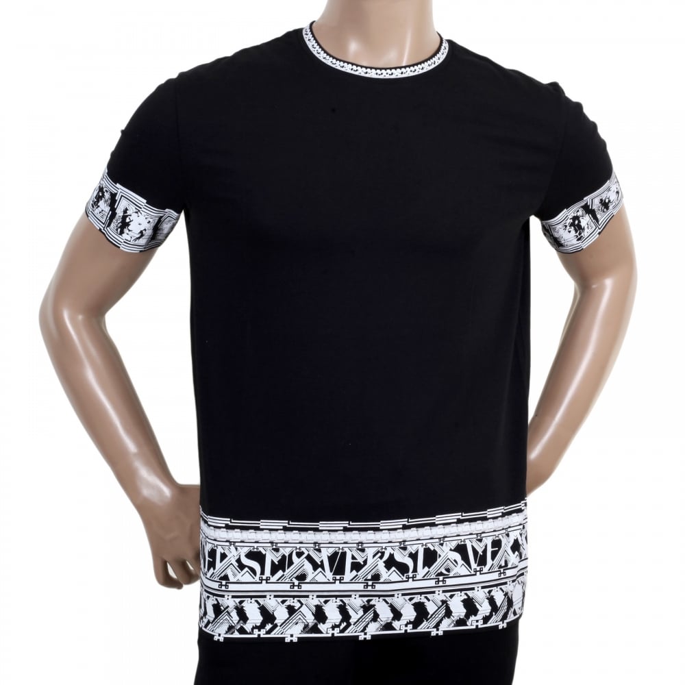 Mens Crew Neck Short Sleeve Printed Cotton T Shirt with Lion Head Border