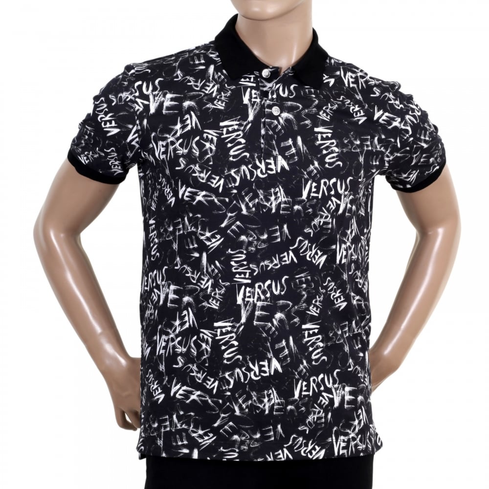 Regular Fit Black Cotton Graffiti Printed Polo Shirt with Lion Head Buttons