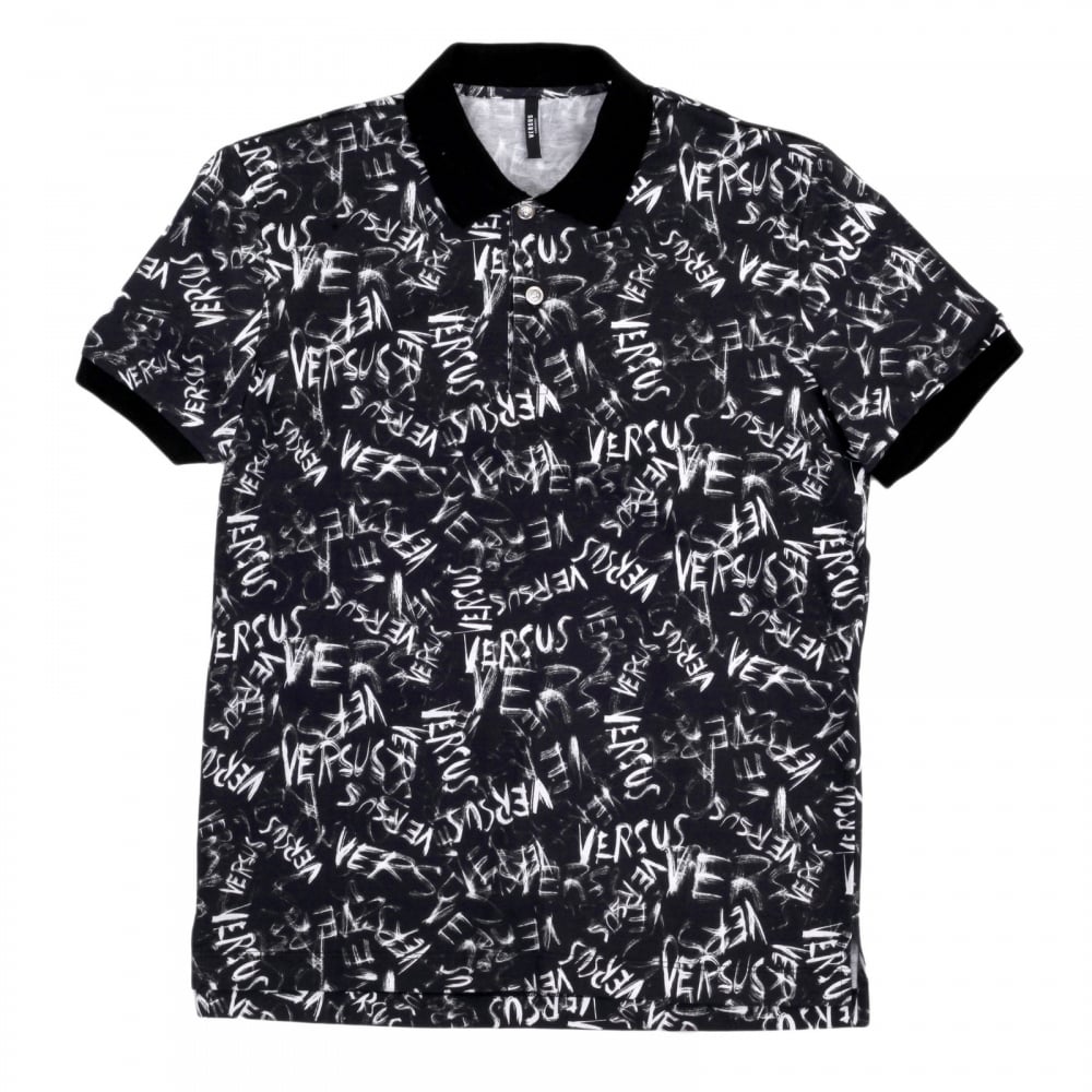 Regular Fit Black Cotton Graffiti Printed Polo Shirt with Lion Head Buttons