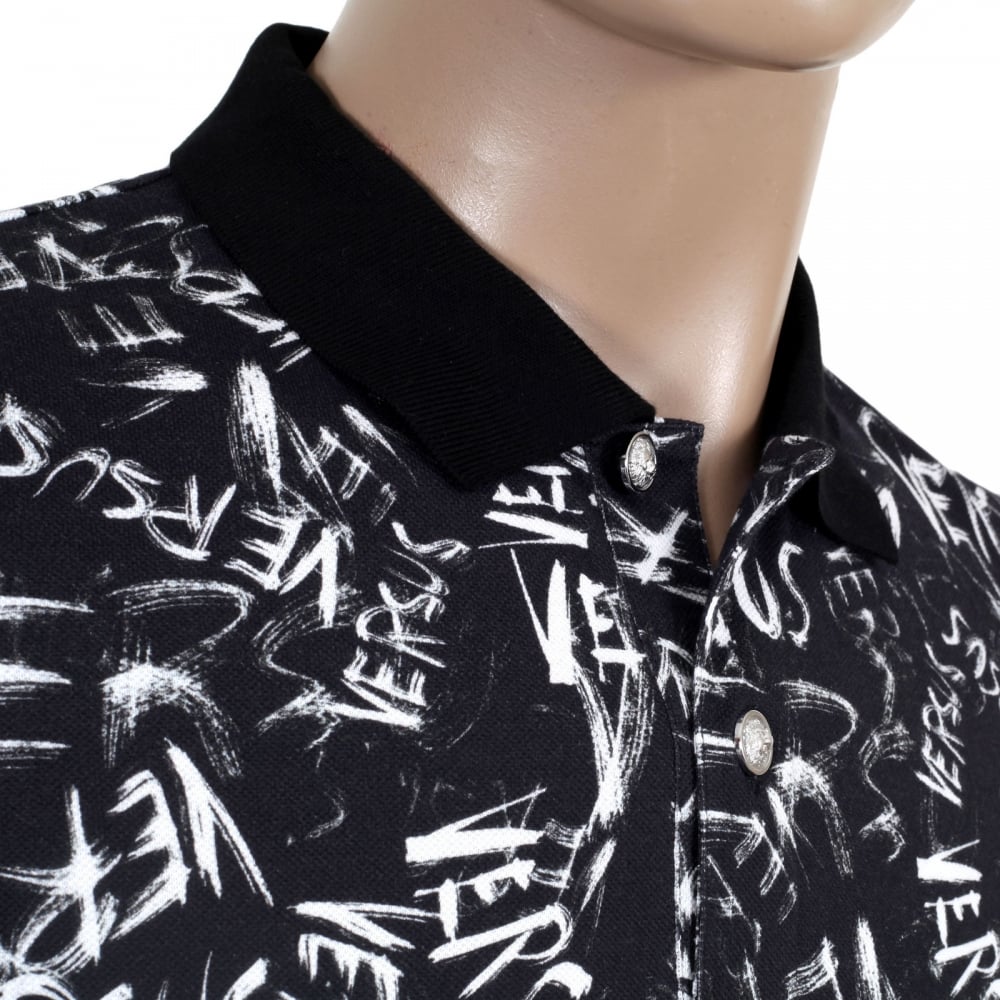 Regular Fit Black Cotton Graffiti Printed Polo Shirt with Lion Head Buttons