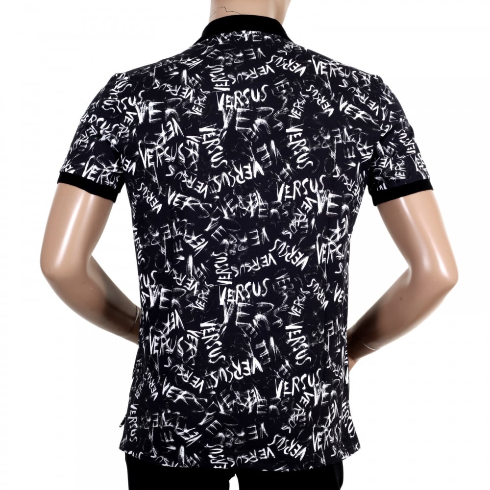Regular Fit Black Cotton Graffiti Printed Polo Shirt with Lion Head Buttons