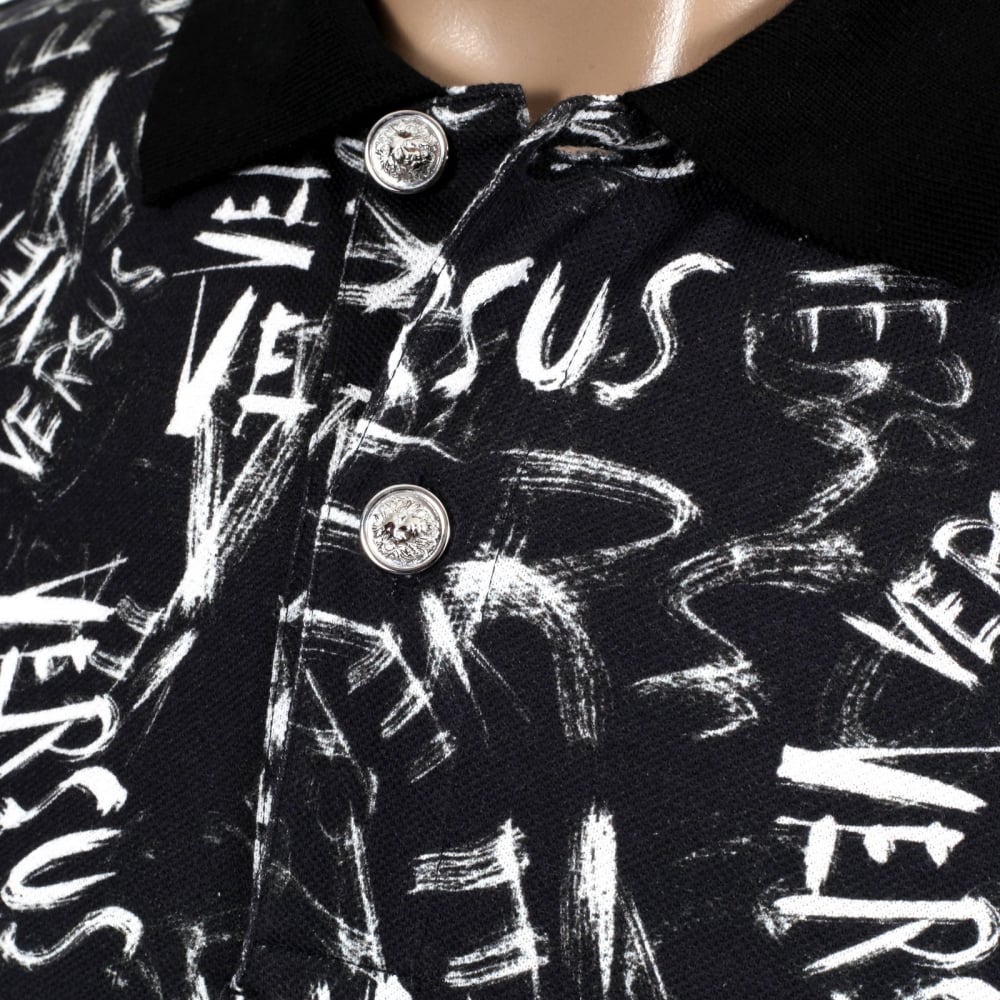 Regular Fit Black Cotton Graffiti Printed Polo Shirt with Lion Head Buttons