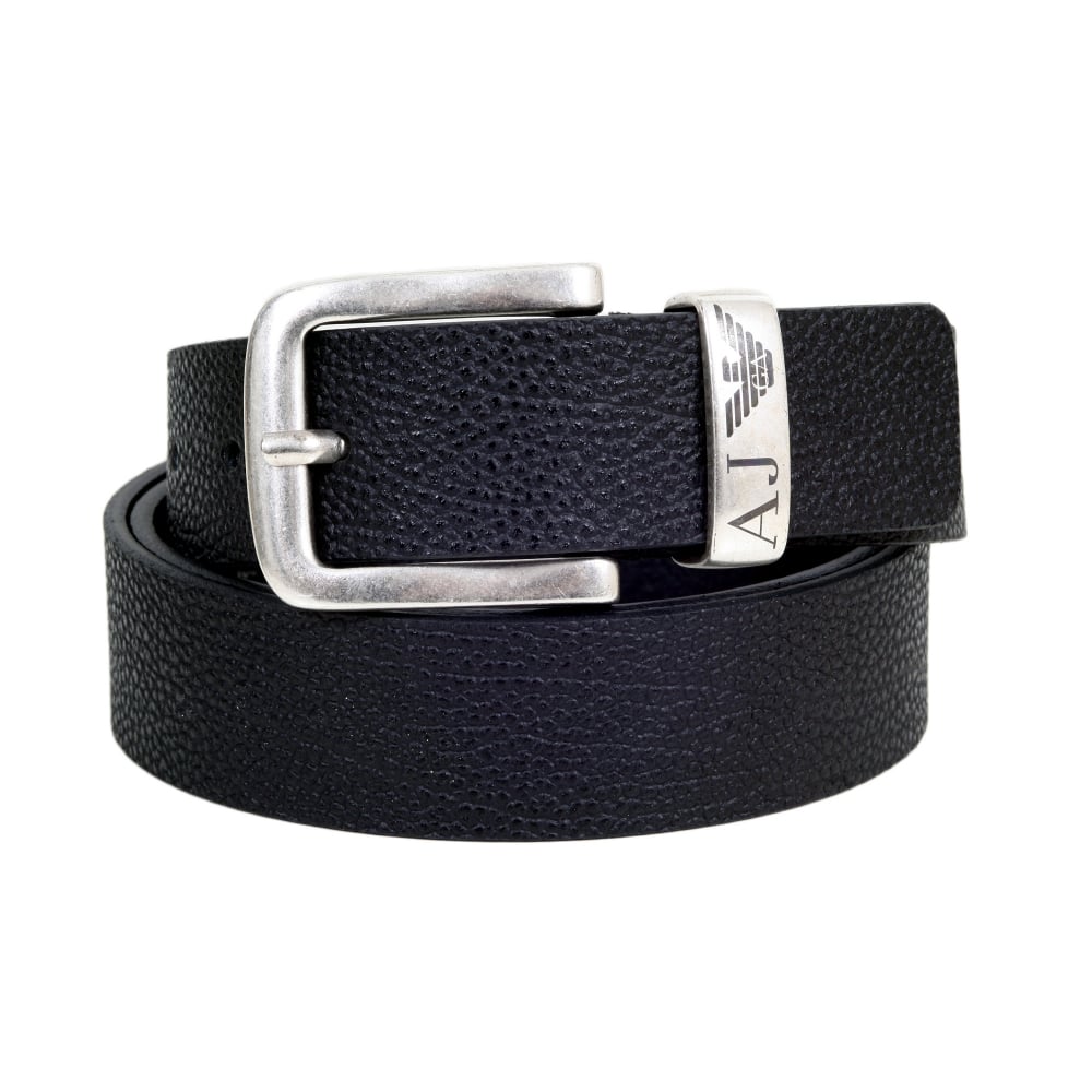 Mens Black 06196 R6 Leather Belt with Brand AJ and Signature Eagle logo on Metal Belt Loop