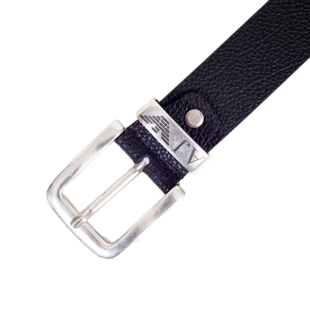 Mens Black 06196 R6 Leather Belt with Brand AJ and Signature Eagle logo on Metal Belt Loop