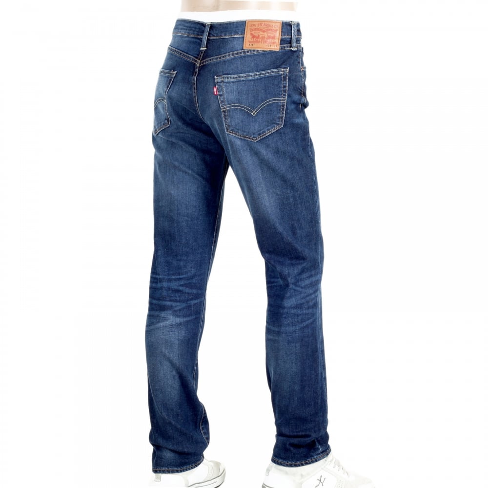 Lower Waist Iron Brutus 511 Slim Fit Jeans in Mid Blue with Fading and Whiskering