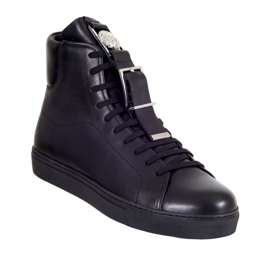 Black Leather Hi Top Trainers with Signature Styled Silver and Leather Buckle