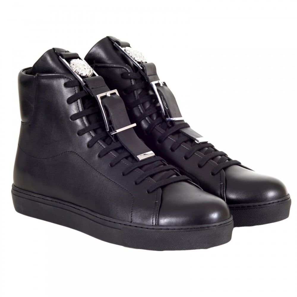 Black Leather Hi Top Trainers with Signature Styled Silver and Leather Buckle