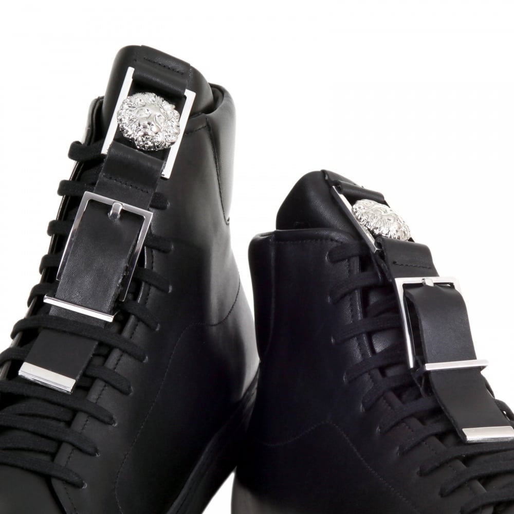Black Leather Hi Top Trainers with Signature Styled Silver and Leather Buckle