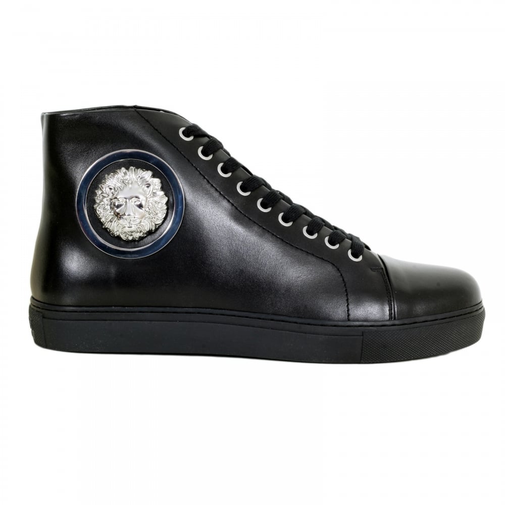 Hi Top Black Leather Trainers with Silver Nickel Lion Head at Ankle