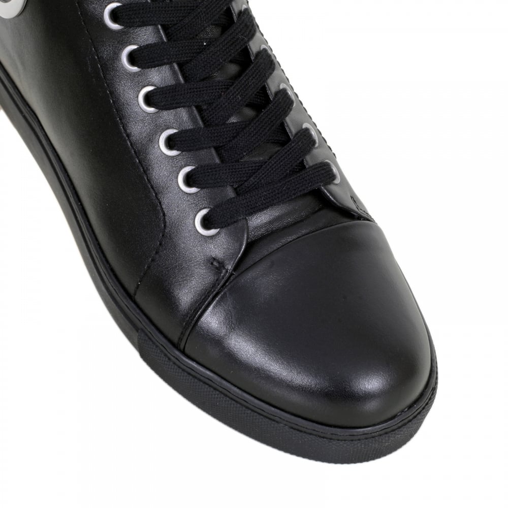 Hi Top Black Leather Trainers with Silver Nickel Lion Head at Ankle