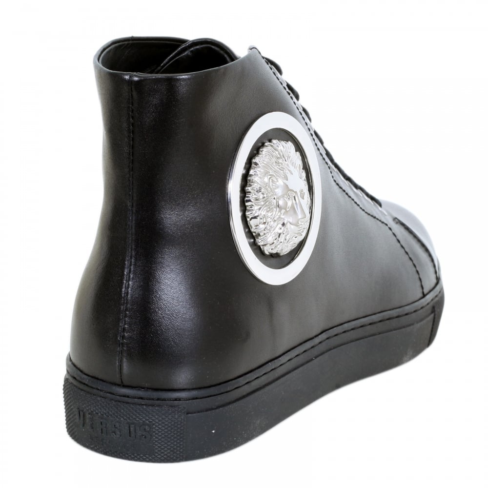 Hi Top Black Leather Trainers with Silver Nickel Lion Head at Ankle