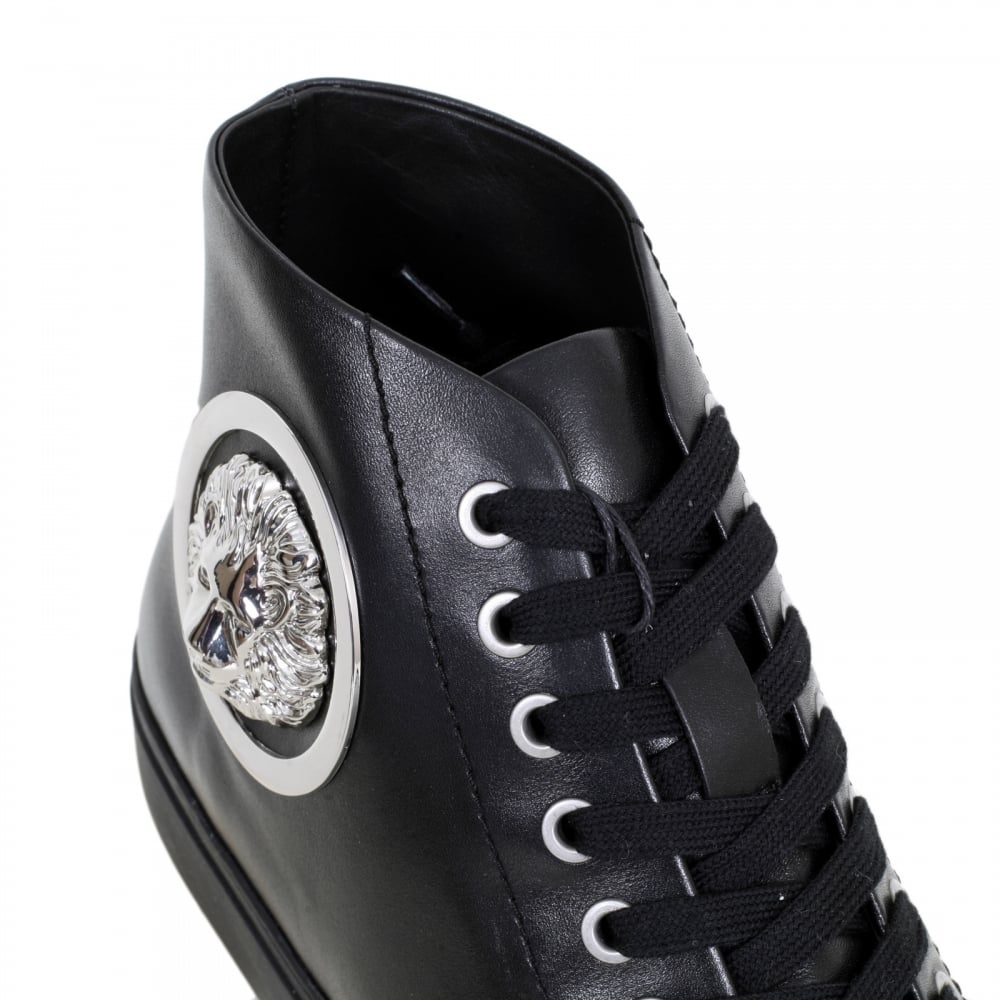 Hi Top Black Leather Trainers with Silver Nickel Lion Head at Ankle