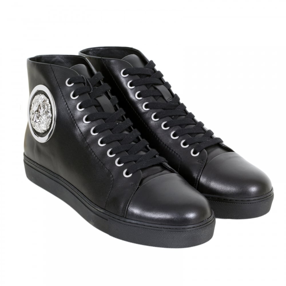 Hi Top Black Leather Trainers with Silver Nickel Lion Head at Ankle