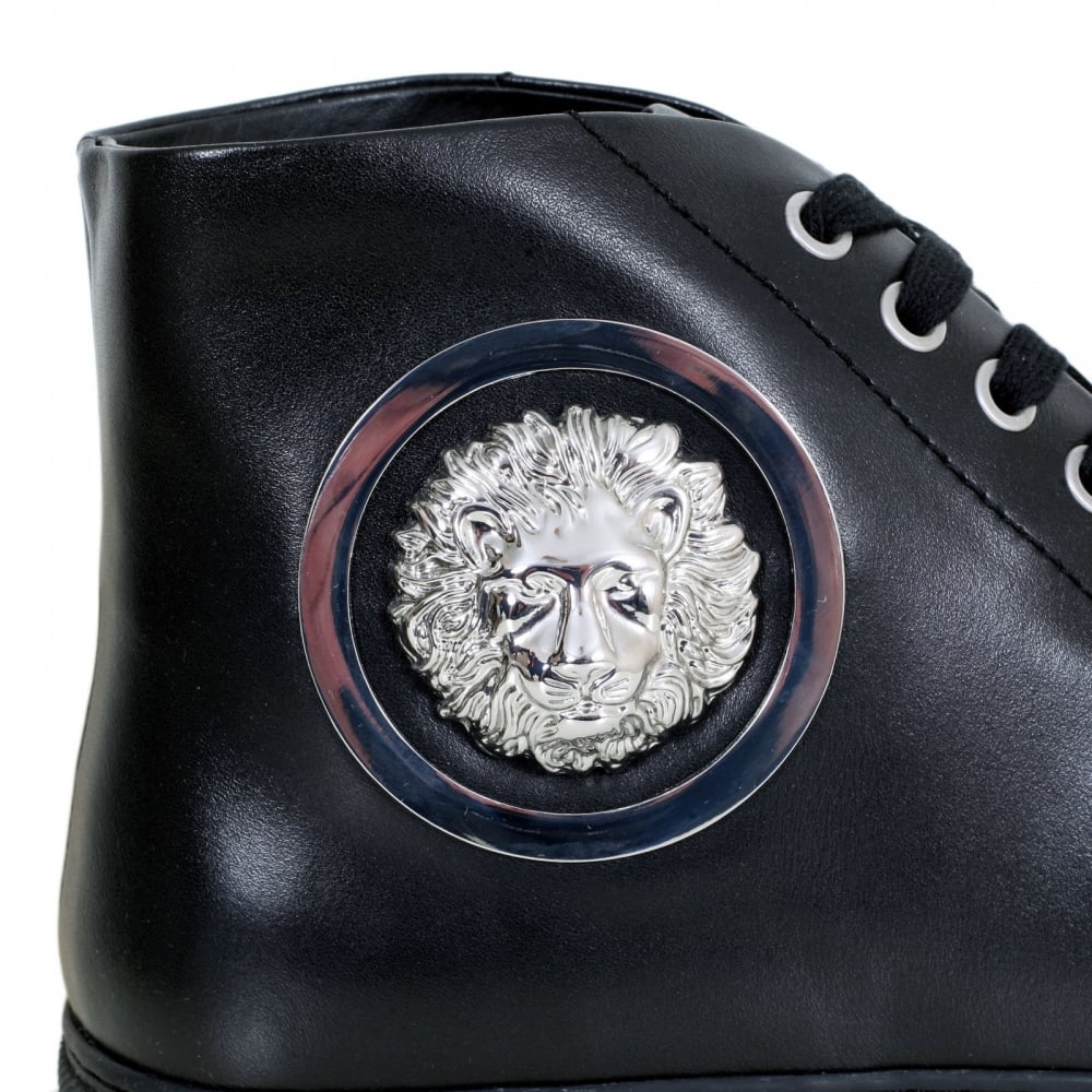 Hi Top Black Leather Trainers with Silver Nickel Lion Head at Ankle