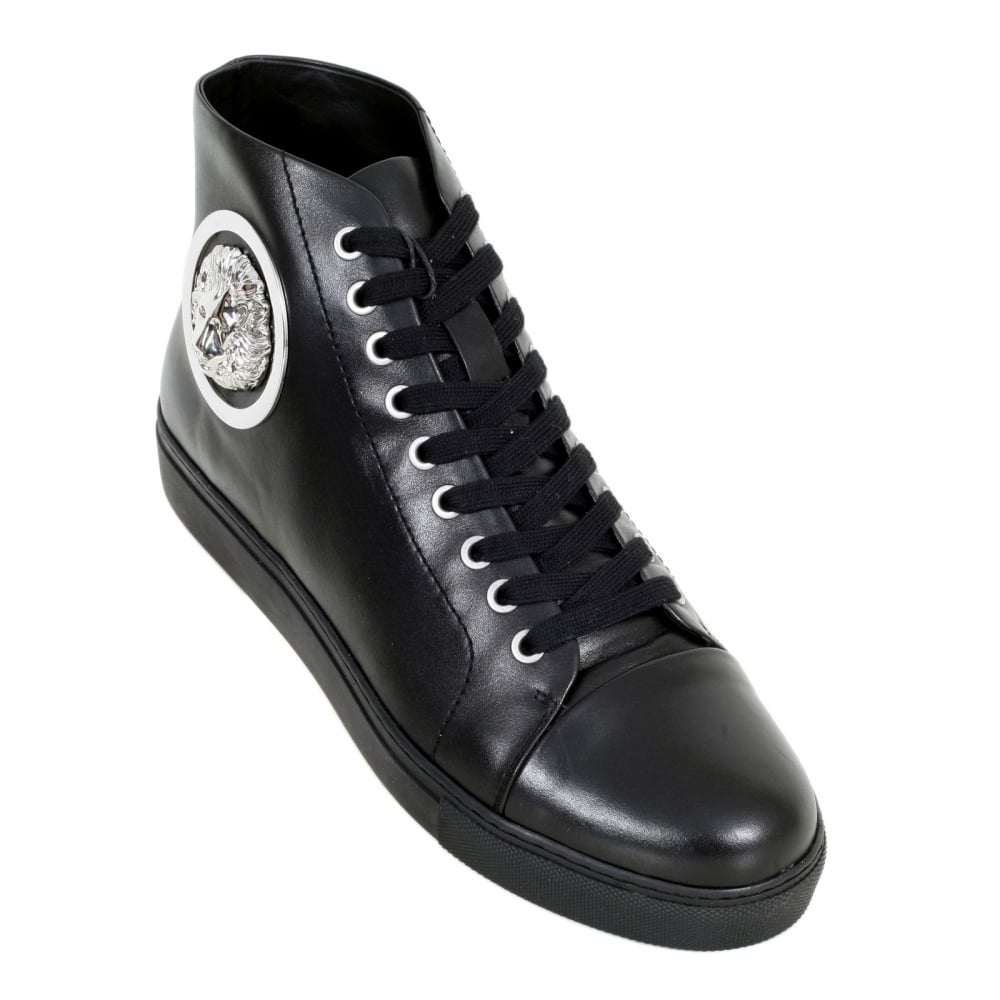 Hi Top Black Leather Trainers with Silver Nickel Lion Head at Ankle