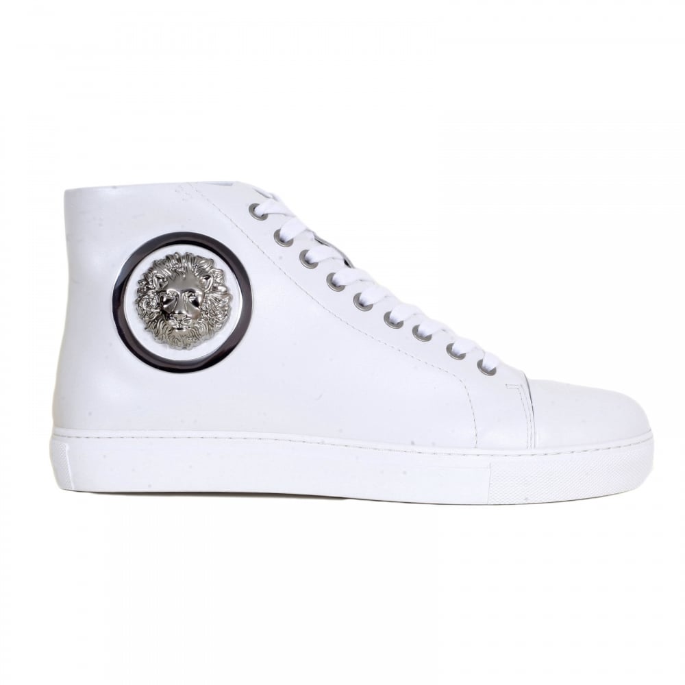 Mens Hi Top White Leather Trainers with Silver Nickel Lion Head at Ankle