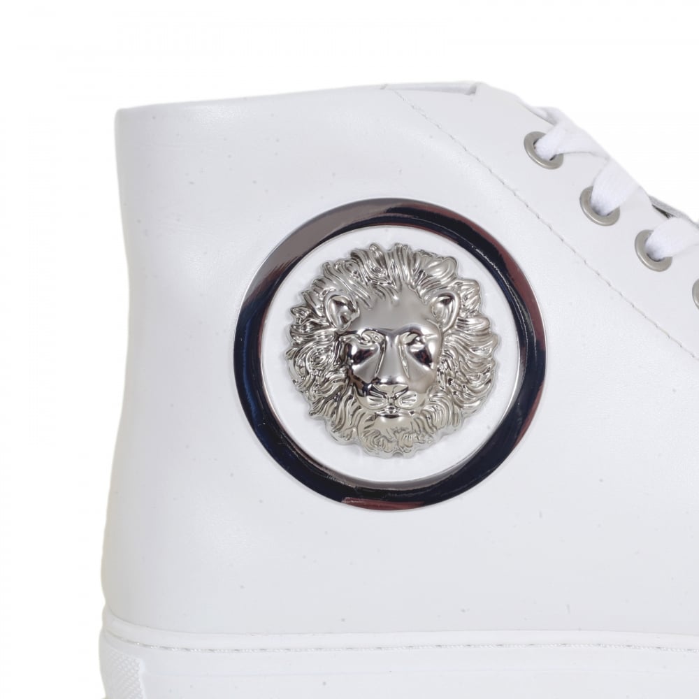 Mens Hi Top White Leather Trainers with Silver Nickel Lion Head at Ankle