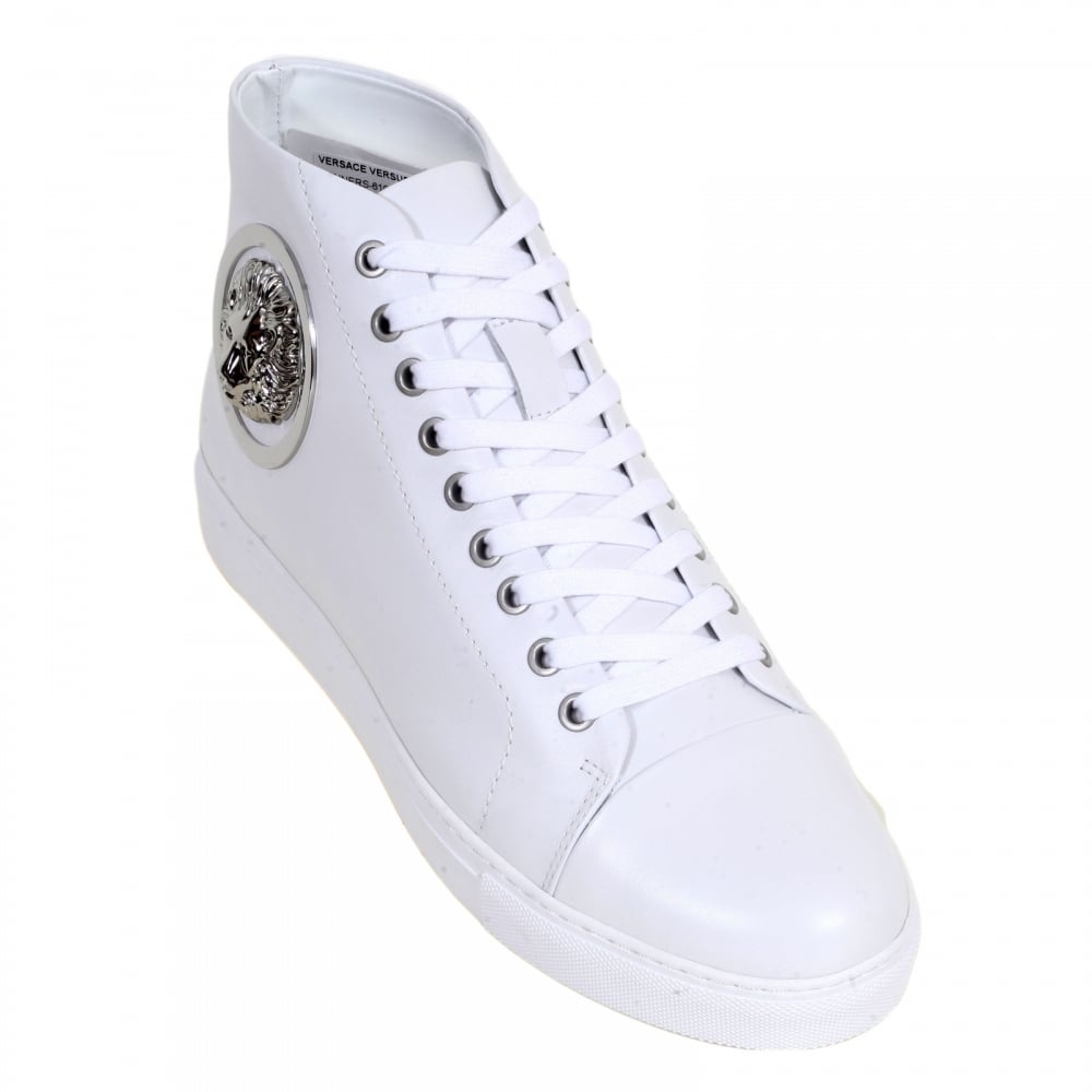 Mens Hi Top White Leather Trainers with Silver Nickel Lion Head at Ankle