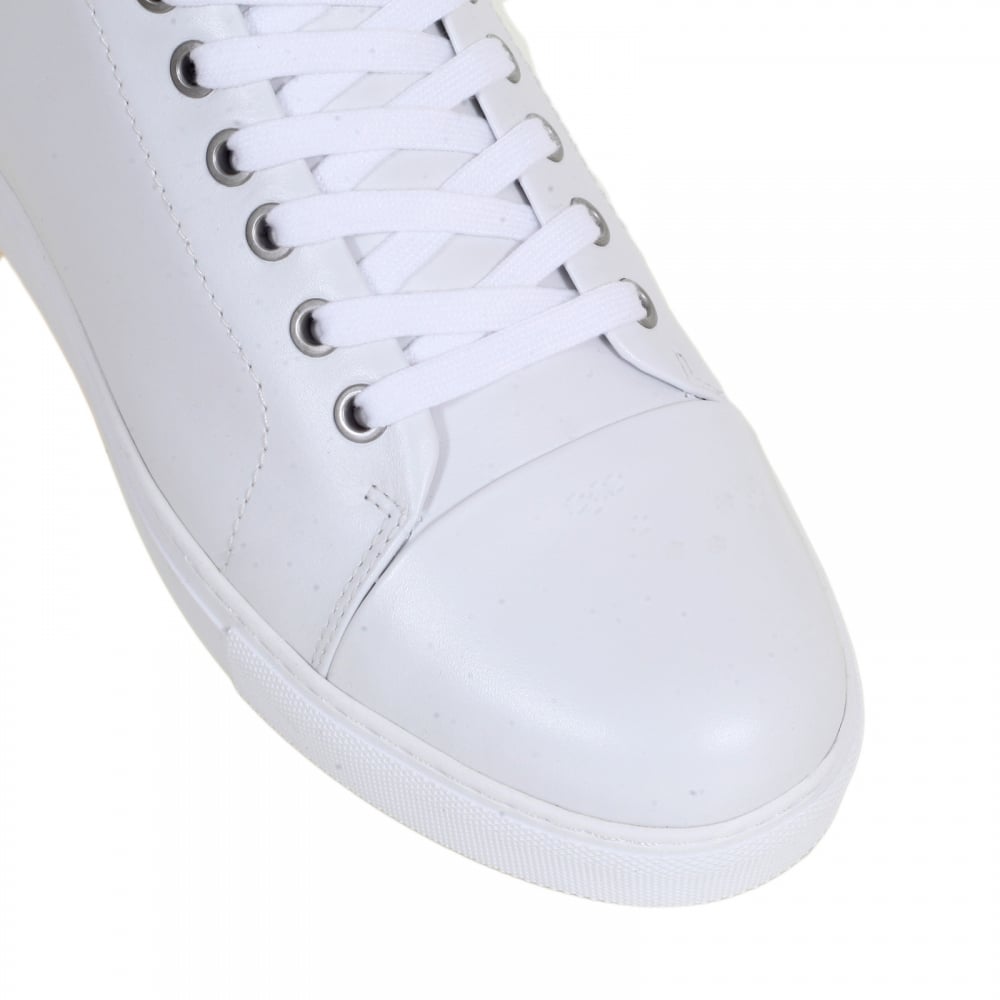 Mens Hi Top White Leather Trainers with Silver Nickel Lion Head at Ankle