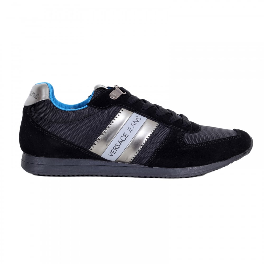 Runner Style Low Top Linea Black Trainers with Nylon Upper Blue Inner and Rubber Sole