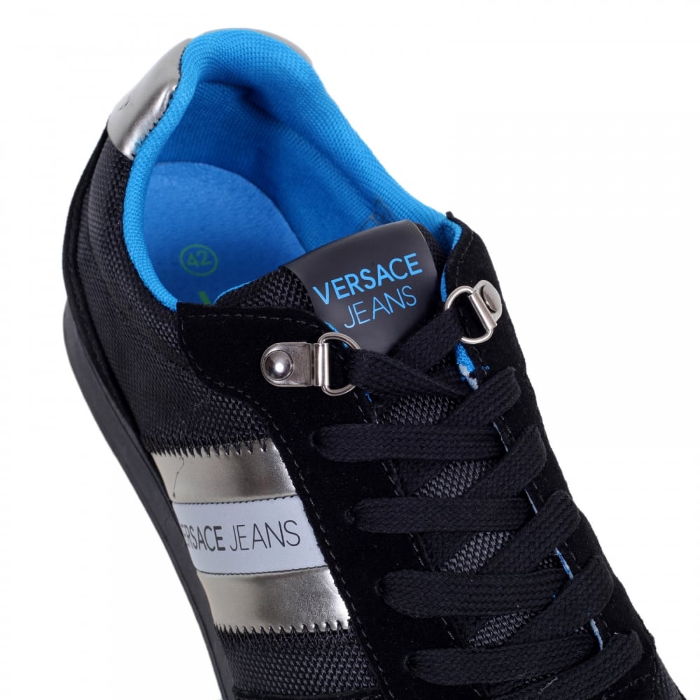 Runner Style Low Top Linea Black Trainers with Nylon Upper Blue Inner and Rubber Sole