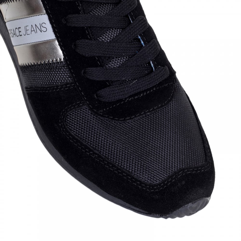 Runner Style Low Top Linea Black Trainers with Nylon Upper Blue Inner and Rubber Sole