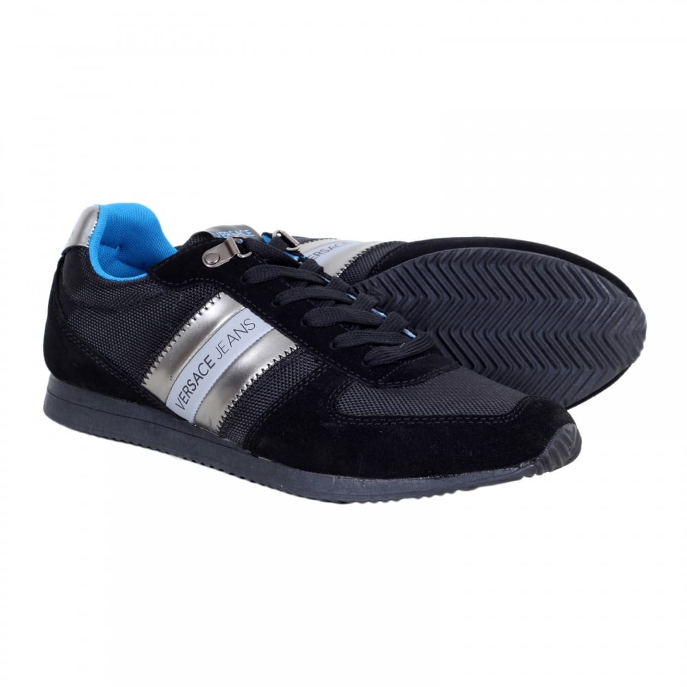 Runner Style Low Top Linea Black Trainers with Nylon Upper Blue Inner and Rubber Sole
