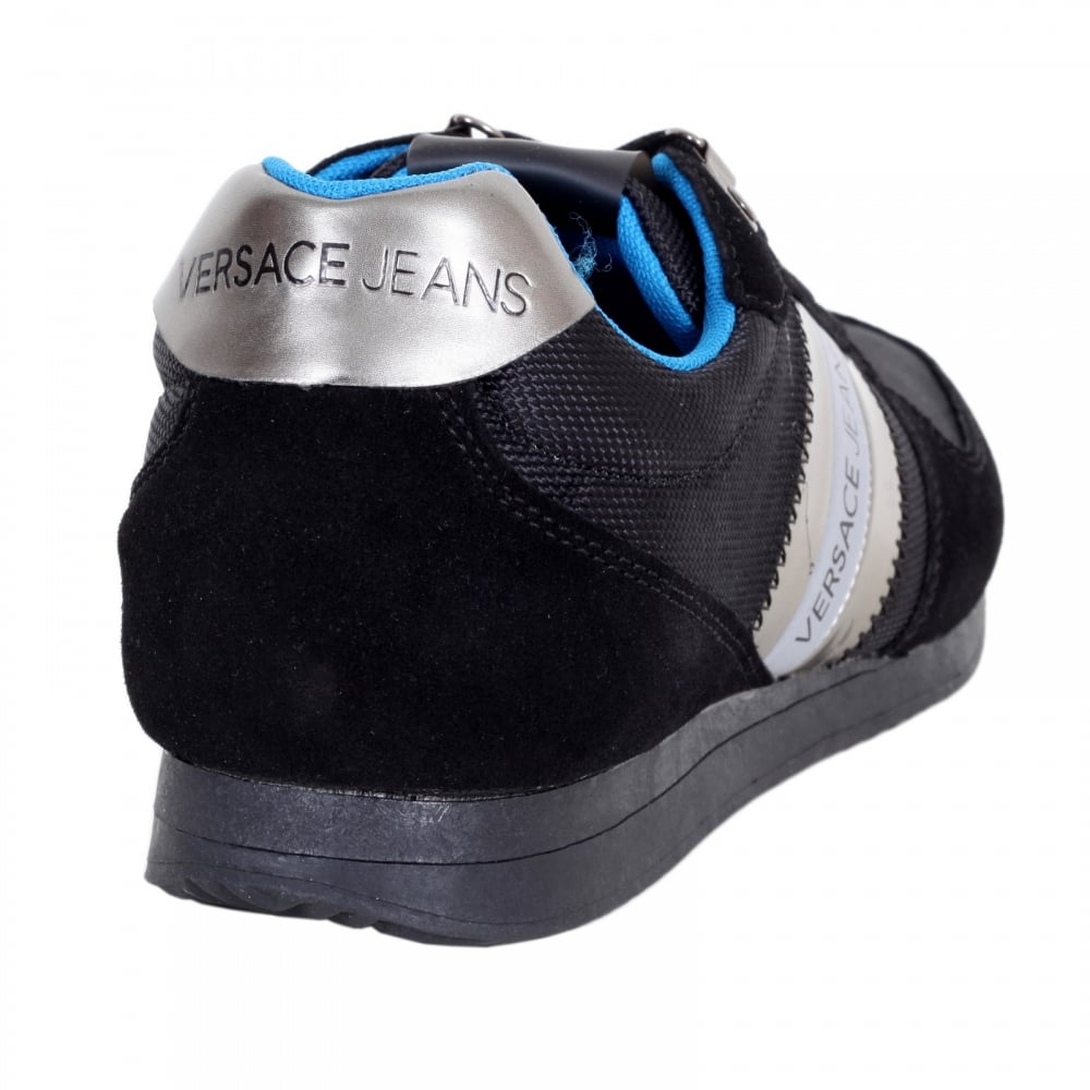 Runner Style Low Top Linea Black Trainers with Nylon Upper Blue Inner and Rubber Sole