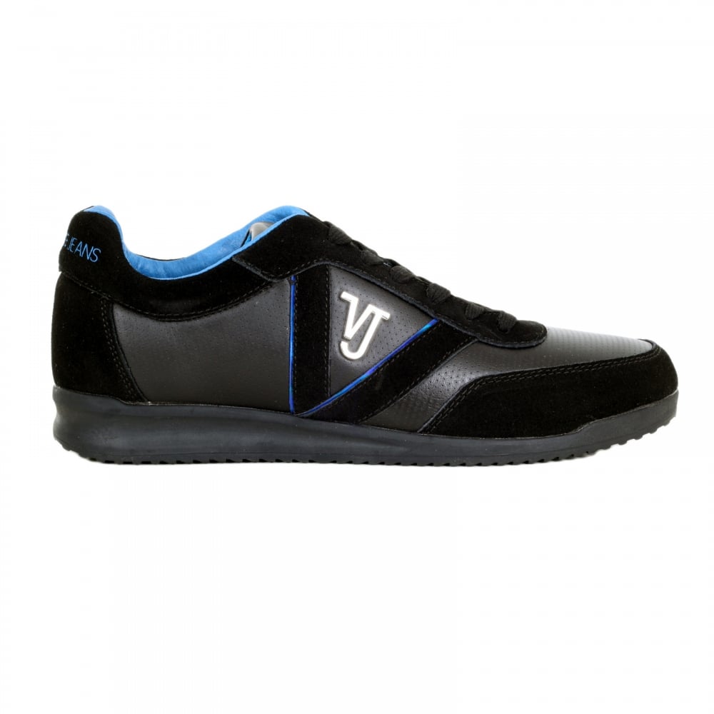 Mens Runner Style Linea Black Low Top Trainers with Silver Metal VJ logo