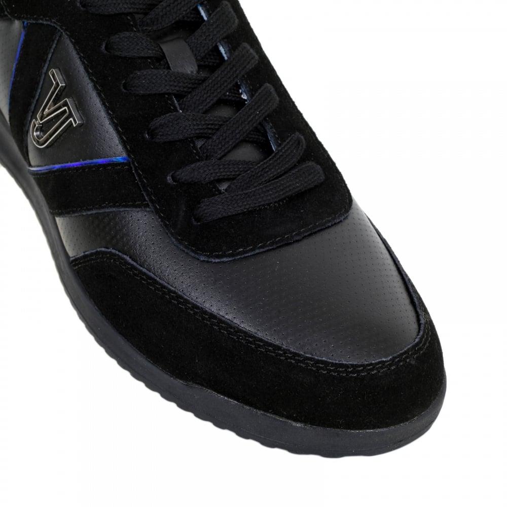 Mens Runner Style Linea Black Low Top Trainers with Silver Metal VJ logo