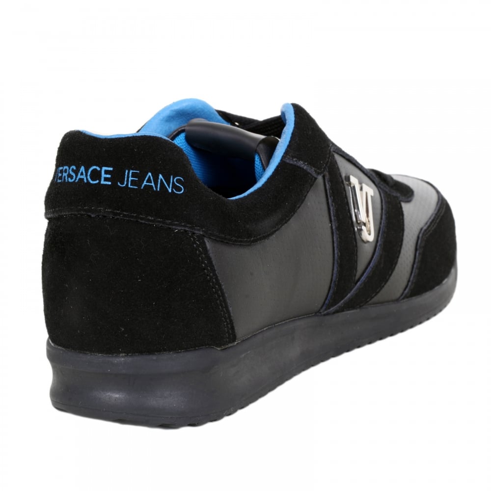 Mens Runner Style Linea Black Low Top Trainers with Silver Metal VJ logo