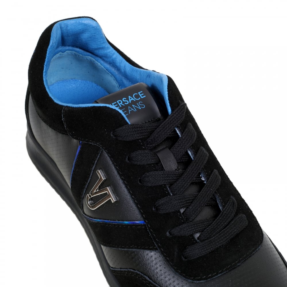 Mens Runner Style Linea Black Low Top Trainers with Silver Metal VJ logo