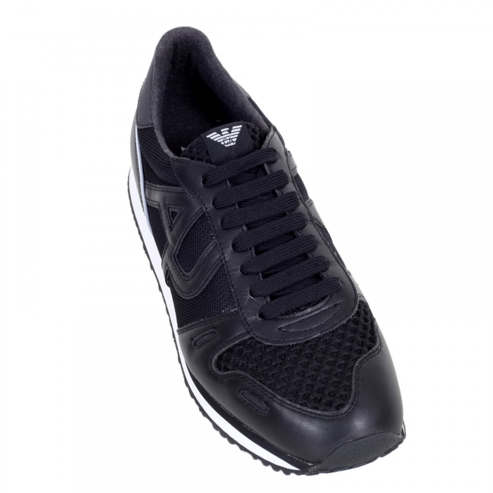 Black Laced Front Low Top Sneakers with Nylon Uppers and Leather Trim