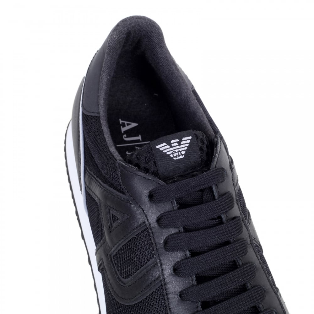 Black Laced Front Low Top Sneakers with Nylon Uppers and Leather Trim