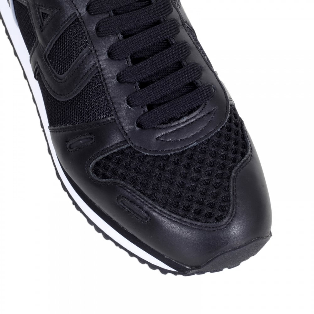Black Laced Front Low Top Sneakers with Nylon Uppers and Leather Trim