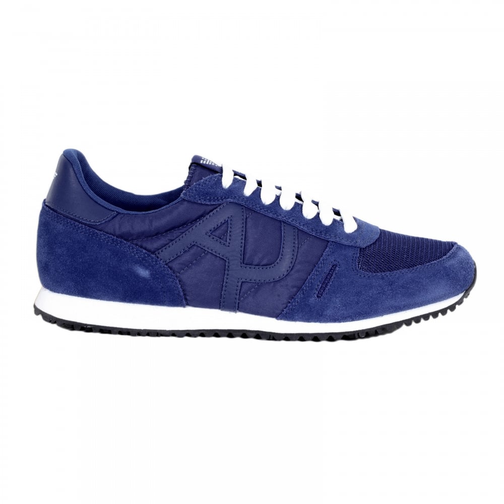 Laced Front Blue Low Top Sneakers with Self Coloured Leather Trim AJ Logos