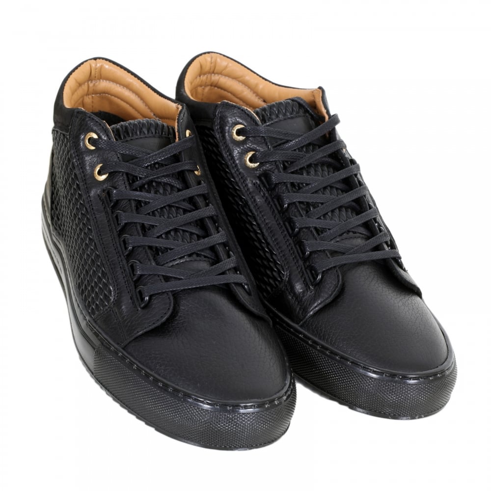 Black Leather Propulsion Mid Top Trainers with Two Pairs of Gold Branded Lace Eyelets