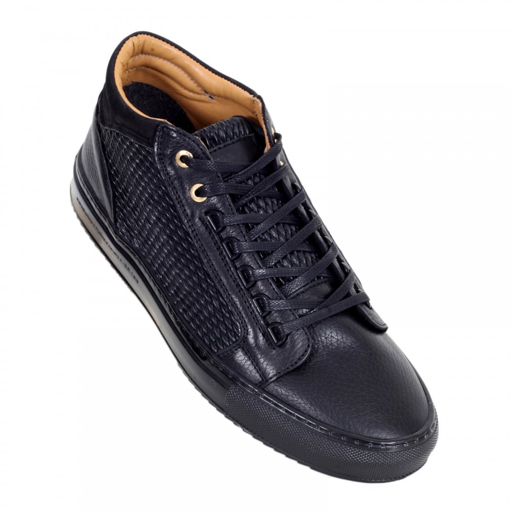 Black Leather Propulsion Mid Top Trainers with Two Pairs of Gold Branded Lace Eyelets