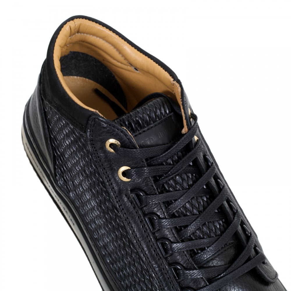 Black Leather Propulsion Mid Top Trainers with Two Pairs of Gold Branded Lace Eyelets