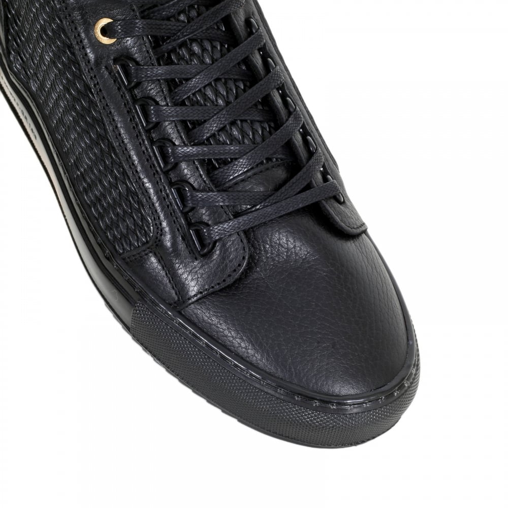 Black Leather Propulsion Mid Top Trainers with Two Pairs of Gold Branded Lace Eyelets